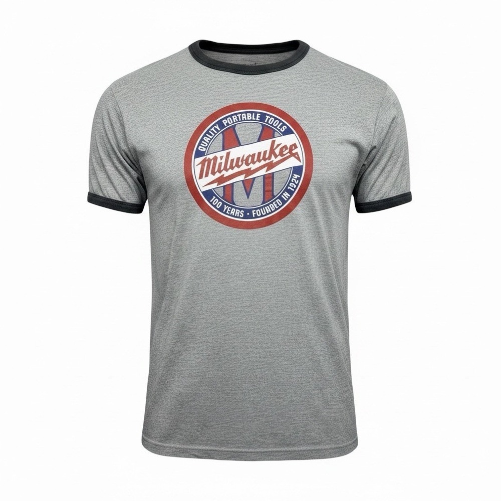 Milwaukee Tools T-Shirt Men's Medium Gray Graphic Logo Ringer Tee